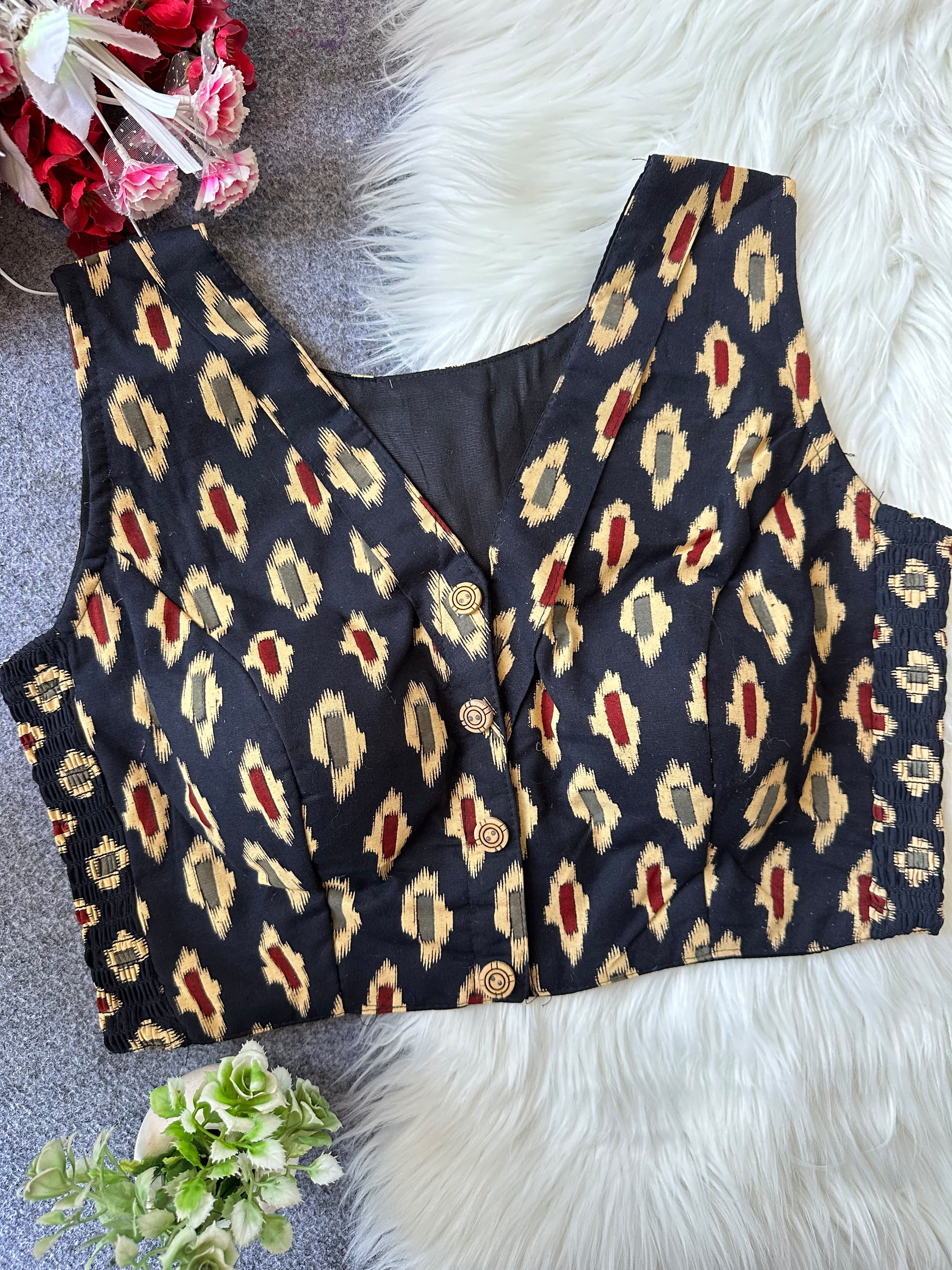 Flexi Fit Pure Ajrakh Cotton Stretchable Blouse-Black